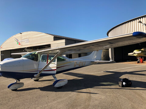 HOHENEMS, AUSTRIA, JULY 7, 2020 Cessna 182 on the apron