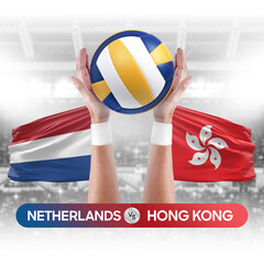 Netherlands vs Hong Kong national teams volleyball volley ball match competition concept.