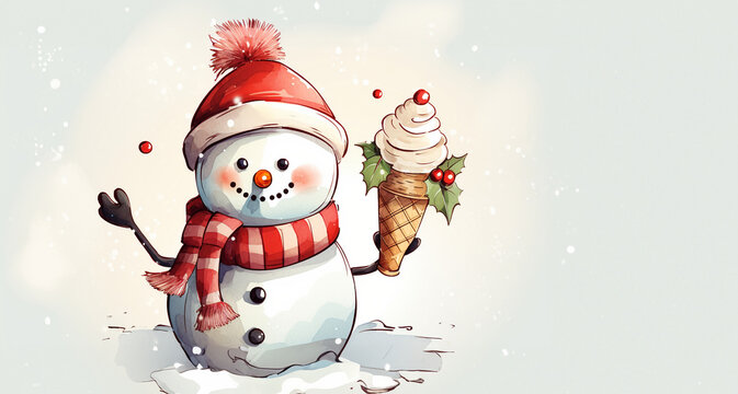 of a happy snowman with ice cream. Close-up