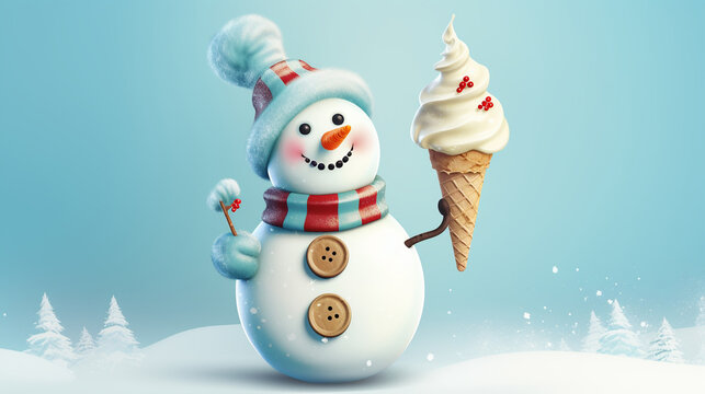 Cute painted snowman in a cap and with ice cream