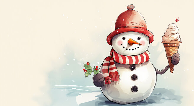 Cute painted snowman in a cap and with ice cream