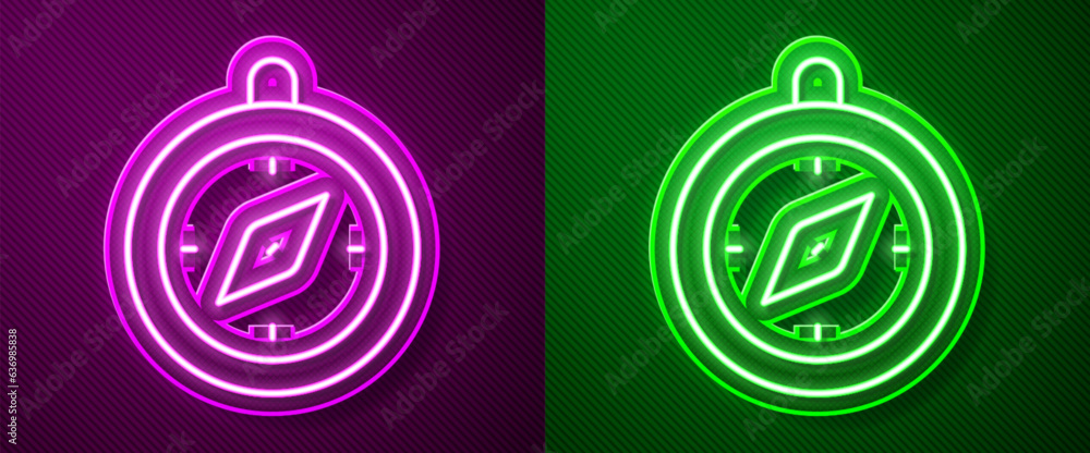 Poster glowing neon line compass icon isolated on purple and green background. windrose navigation symbol. 