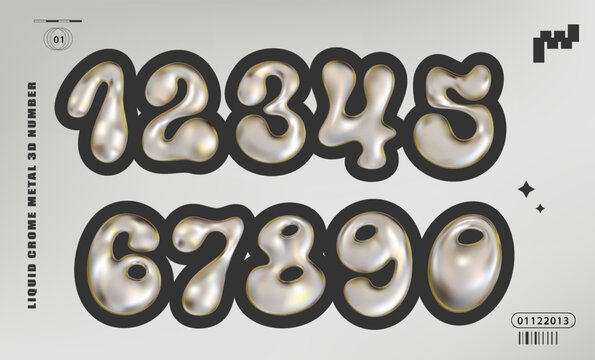 Liquid Chrome Y2K Number for futuristic designs, featuring numbers, and abstract shapes with a metallic shine and 3D gradient effect