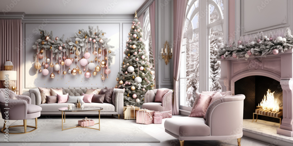 Wall mural Panoramic living room with Decorated pink Christmas tree with presents in living room