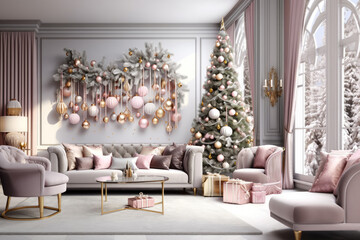 Comfortable living room with Decorated pink Christmas tree with presents