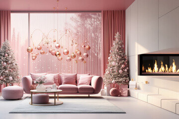 Decorateve pink baubles and pink Christmas tree with presents in living room