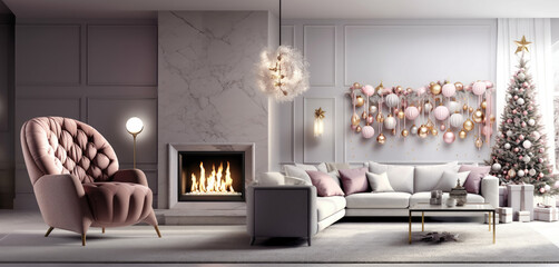 a comfortable pink armchair stands in a room with Christmas decorations