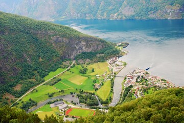 Fototapeta na wymiar Aurlandsvangen is the administrative center of Aurland Municipality in Vestland county, Norway. The village of Undredal and the famous Nærøyfjord are located just a few kilometres to the northwest.