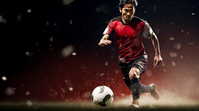 サッカー選手がボールを蹴る瞬間