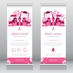 Young and middle aged women's health awareness or breast cancer awareness month roll up banner or retractable banner template, standee, X-banner template