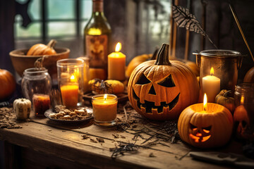 Decoration and pumpkins in a kitchen table