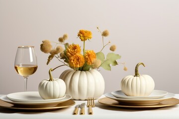 Modern table setting for fall holidays, thanksgiving, halloween, wedding with pumpkins and autumn leaves
