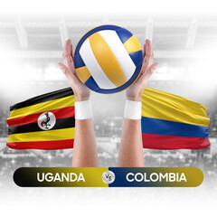 Uganda vs Colombia national teams volleyball volley ball match competition concept.