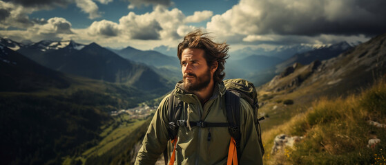 male hiker wearing an olive jacket walking in an alpine landscape  - Powered by Adobe