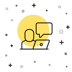 Black line Freelancer icon isolated on white background. Freelancer man working on laptop at his house. Online working, distant job concept. Random dynamic shapes. Vector