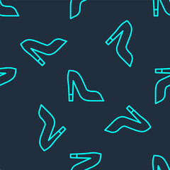 Green line Woman shoe with high heel icon isolated seamless pattern on blue background. Vector