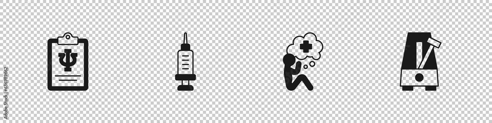 Sticker Set Psychology, Psi, Addiction to the drug, Helping hand and Metronome with pendulum icon. Vector