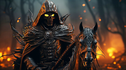 sinister pumpkin knight is riding his crazy mystical horsein the foggy night forest. 3d rendering 
