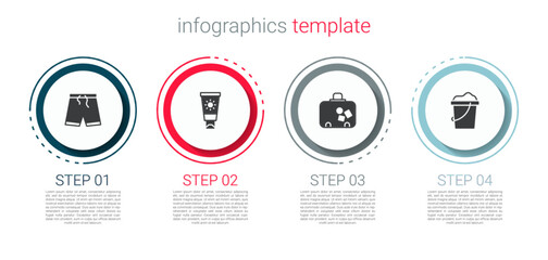Set Swimming trunks, Sunscreen cream tube, Suitcase and Sand bucket. Business infographic template. Vector