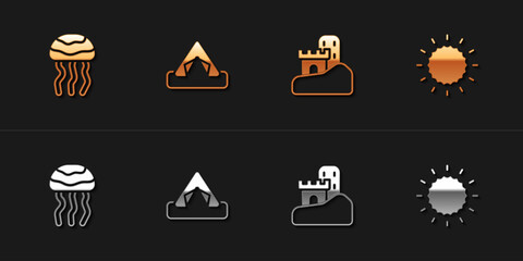 Set Jellyfish, Tourist tent, Sand castle and Sun icon. Vector