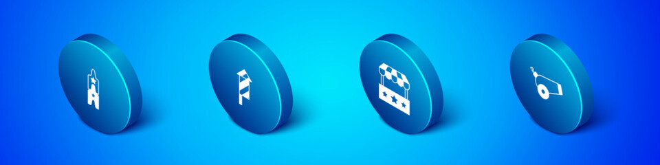 Set Isometric Circus ticket, Ticket box office, Cannon and Firework rocket icon. Vector