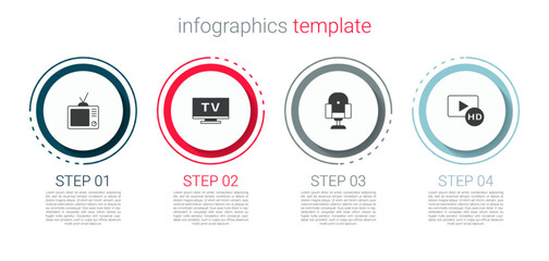 Set Retro tv, Smart Tv, Director movie chair and Hd movie, tape, frame. Business infographic template. Vector