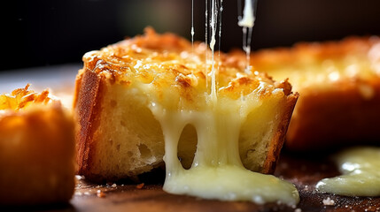 cheese-stuffed garlic bread, oozing with mozzarella, Parmesan, and garlic butter, perfectly toasted to a golden brown. 