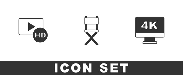 Set Hd movie, tape, frame, Director chair and Screen tv with 4k icon. Vector