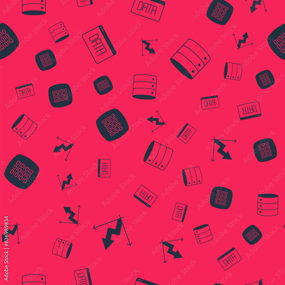 Poster set financial growth, data analysis, binary code and server on seamless pattern. vector