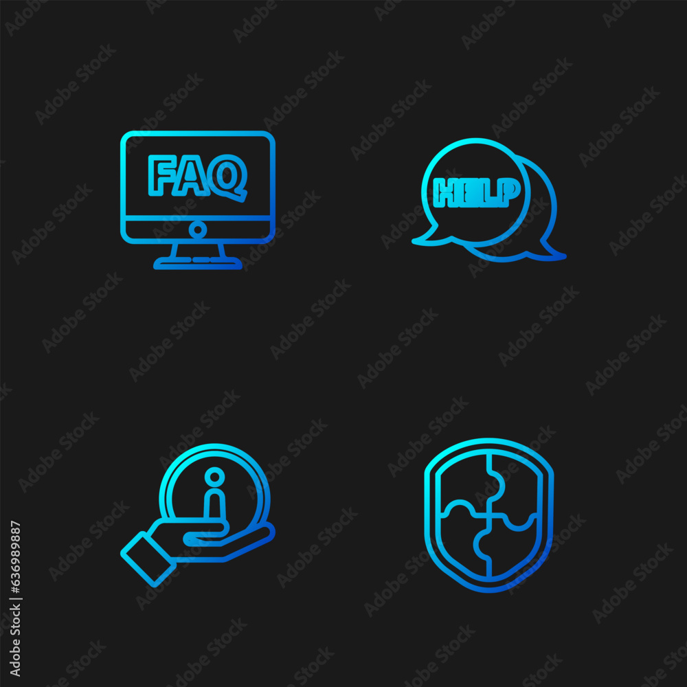 Poster set line shield, information, computer monitor and faq and speech bubble with text help. gradient co