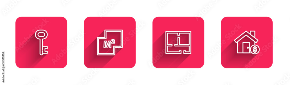 Poster set line house key, plan, and with dollar symbol with long shadow. red square button. vector