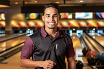 Young man in bowling alley. Candlepin bowls player. Generative AI - obrazy, fototapety, plakaty