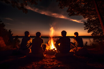 Friends sitting around a bonfire - obrazy, fototapety, plakaty