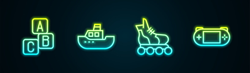Set line ABC blocks, Toy boat, Roller skate and Portable video game console. Glowing neon icon. Vector
