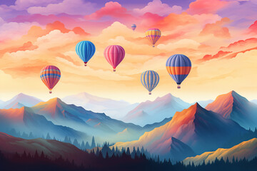 Colourful hot air balloons flying over the mountain. 