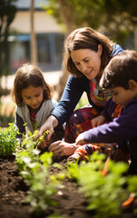 Back to school, School teacher woman with children in school garden take care of plants together - obrazy, fototapety, plakaty