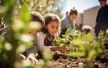 Back to school, gardening in the school garden, children take care of plants