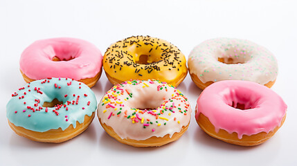 Appetizing donuts with multi-colored sugar icing and a parcel on a white background