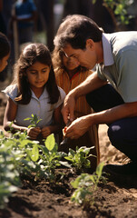 Diversity school, male teacher and children gardening together in the school garden, back to school concept