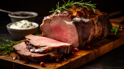 Juicy slices of prime rib roast served with horseradish sauce, garnished with fresh herbs.