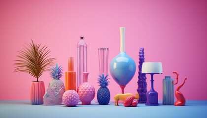 3D colorful modern design vase, glasses and flamingo for decoration on pink background shiny and...