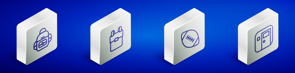 Set Isometric line School backpack, , American football ball and classroom icon. Vector