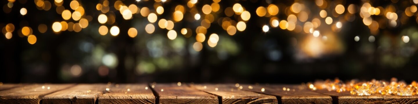 Christmas Empty wooden table top with defocused bokeh lights background. Template for product display. generative ai