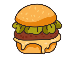 Burger hamburger cheeseburger bun line art concept. Vector flat graphic design illustration