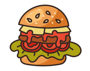 Burger hamburger cheeseburger bun line art concept. Vector flat graphic design illustration