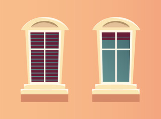 Close and open window shutter isolated set. Vector flat graphic design illustration