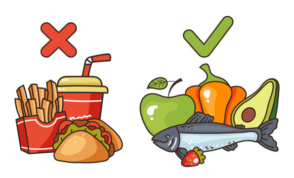 Healthy unhealthy food diet balance concept. Vector flat graphic design illustration