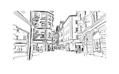 Building view with landmark of Regensburg is a city in eastern Bavaria. Hand drawn sketch illustration in vector.