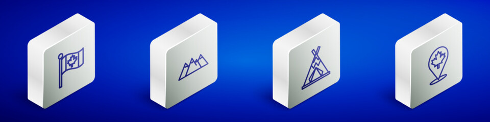 Set Isometric line Flag of Canada, Mountains, Indian teepee or wigwam and Canadian maple leaf icon. Vector © Kostiantyn