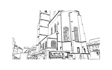 Building view with landmark of Regensburg is a city in eastern Bavaria. Hand drawn sketch illustration in vector.